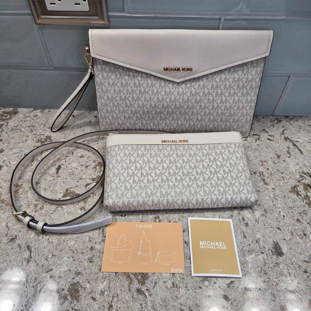NWT Michael Kors 3-in-1 Crossbody Clutch Set Vanilla Monogram Gold Hardware